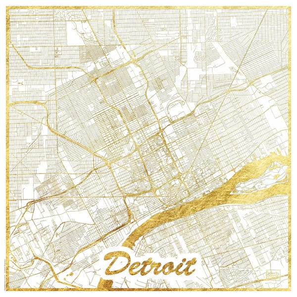 Large Map Art - Canvas Prints: Detroit Gold Leaf Urban Blueprint Map by Hubert Roguski