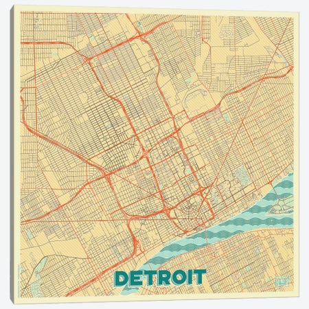 Detroit Retro Urban Blueprint Map Canvas Print #HUR114} by Hubert Roguski Art Print