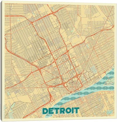 Detroit Retro Urban Blueprint Map Canvas Art Print - Hubert Roguski
