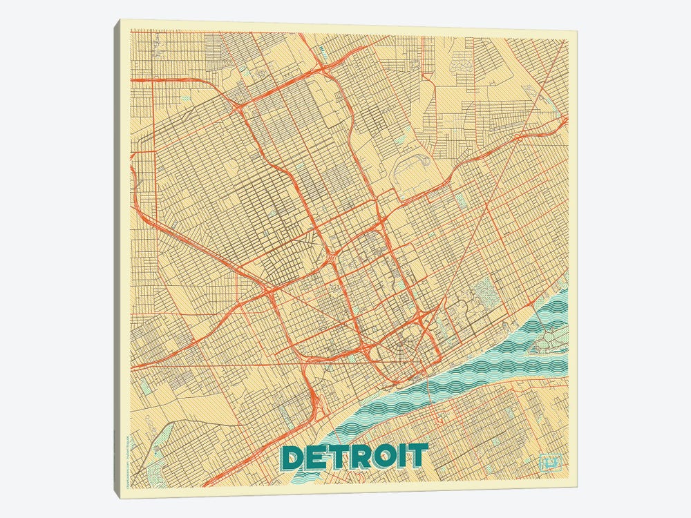 Detroit Retro Urban Blueprint Map by Hubert Roguski 1-piece Canvas Wall Art