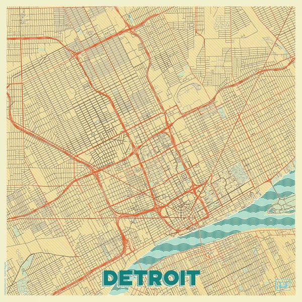 Hubert Roguski: Detroit Retro Urban Blueprint Map by Hubert Roguski