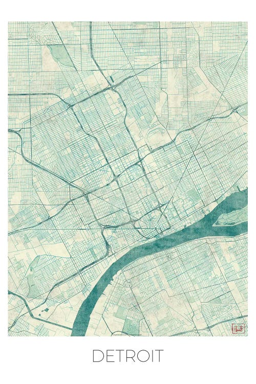 Detroit Vintage Blue Watercolor Urban Blueprint Map