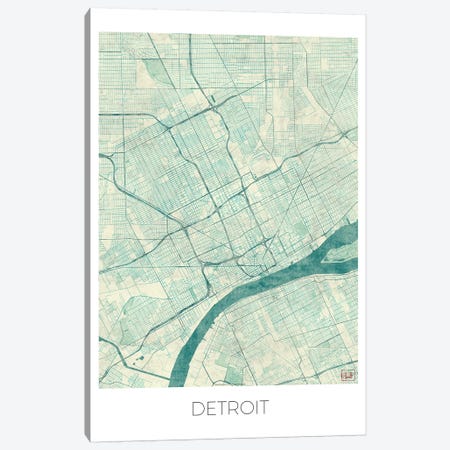 Detroit Vintage Blue Watercolor Urban Blueprint Map Canvas Print #HUR115} by Hubert Roguski Canvas Print