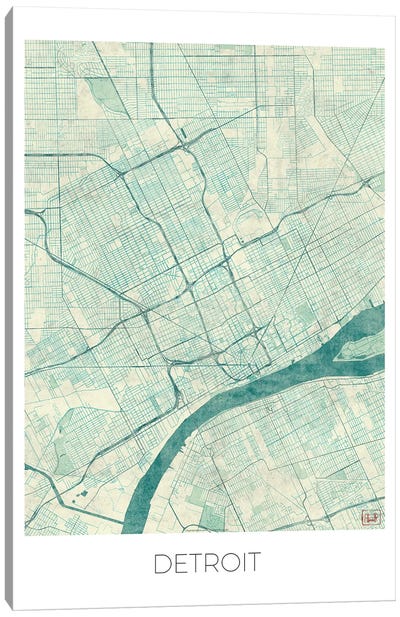 Detroit Vintage Blue Watercolor Urban Blueprint Map Canvas Art Print - Detroit Maps