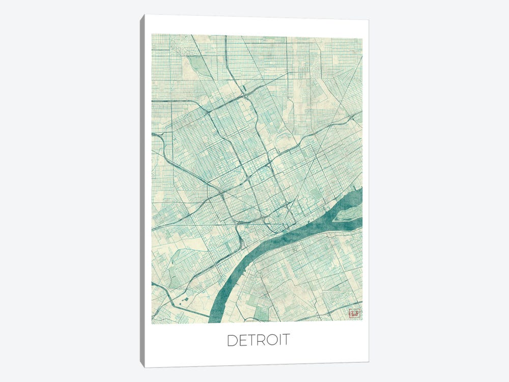 Detroit Vintage Blue Watercolor Urban Blueprint Map by Hubert Roguski 1-piece Art Print