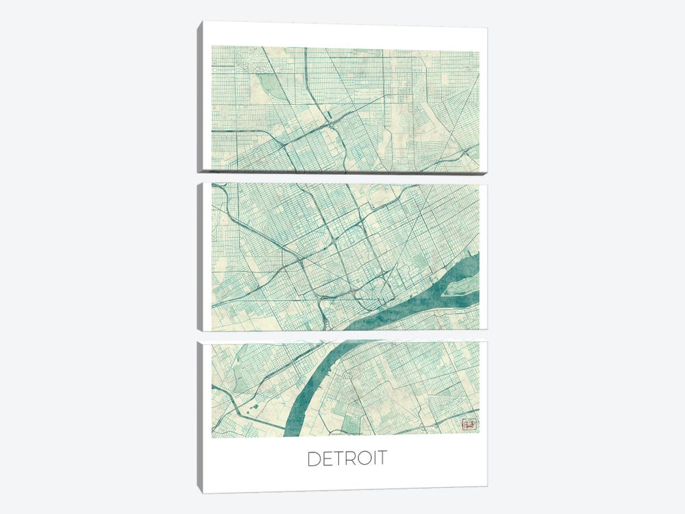 Detroit Vintage Blue Watercolor Urban Blueprint Map by Hubert Roguski 3-piece Canvas Print