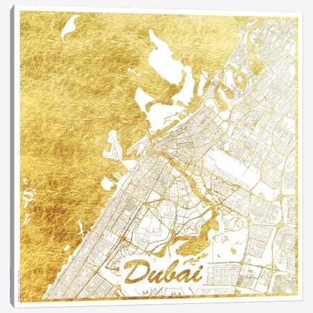 Dubai Gold Leaf Urban Blueprint Map Canvas Print #HUR116} by Hubert Roguski Art Print