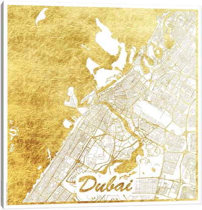 Dubai Gold Leaf Urban Blueprint Map Canvas Art Print - United Arab Emirates Art