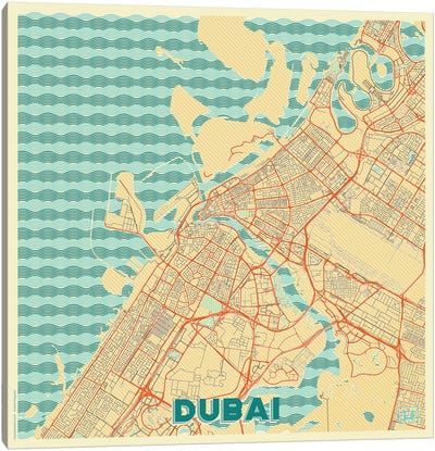 Dubai Retro Urban Blueprint Map Canvas Art Print - Dubai Art