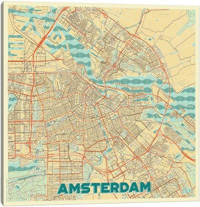 Amsterdam Retro Urban Blueprint Map Canvas Art Print - Amsterdam Maps