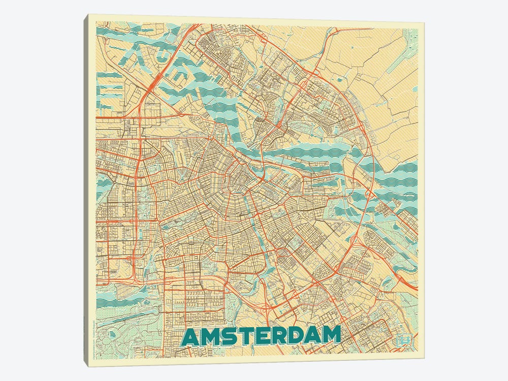 Amsterdam Retro Urban Blueprint Map by Hubert Roguski 1-piece Canvas Artwork