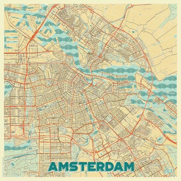 Hubert Roguski: Amsterdam Retro Urban Blueprint Map by Hubert Roguski
