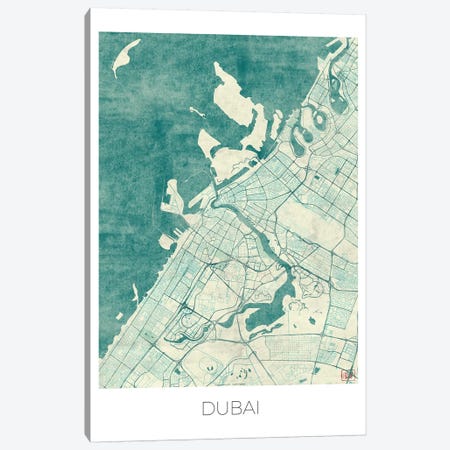 Dubai Vintage Blue Watercolor Urban Blueprint Map Canvas Print #HUR120} by Hubert Roguski Art Print