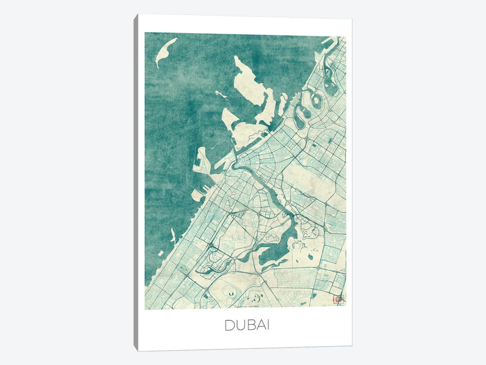 Dubai Vintage Blue Watercolor Urban Blueprint Map by Hubert Roguski 1-piece Art Print
