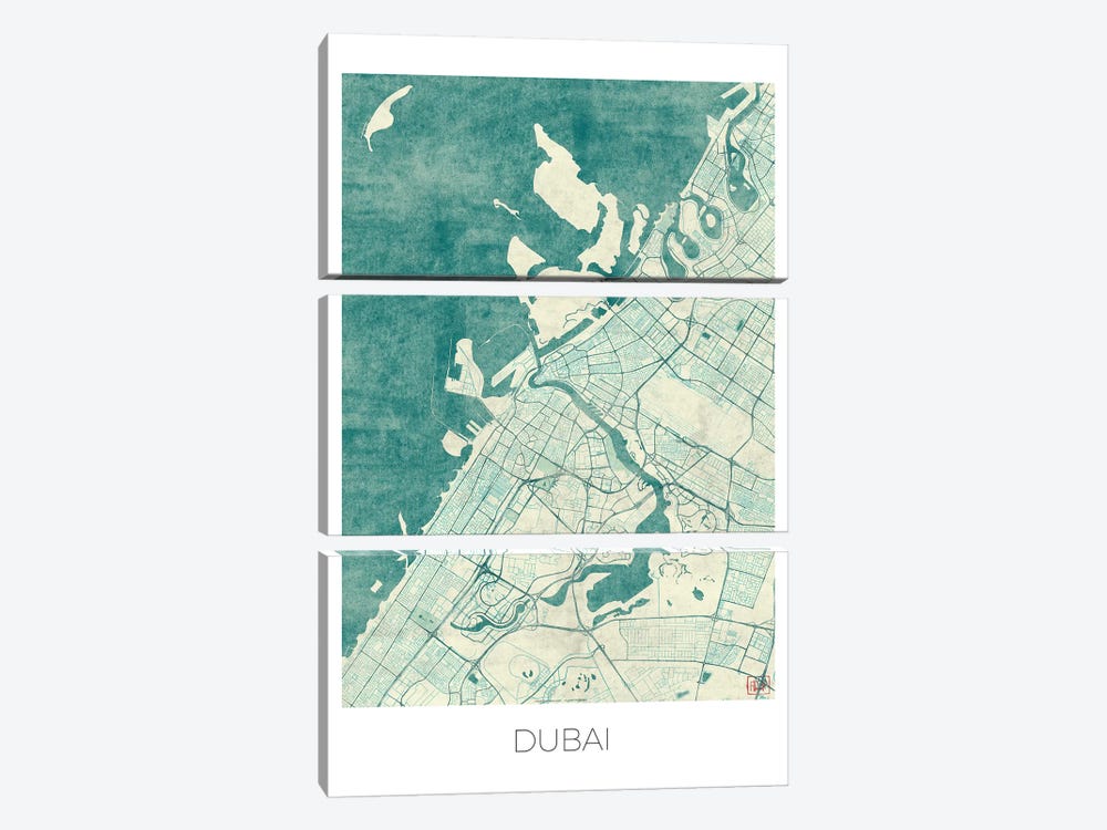 Dubai Vintage Blue Watercolor Urban Blueprint Map by Hubert Roguski 3-piece Art Print