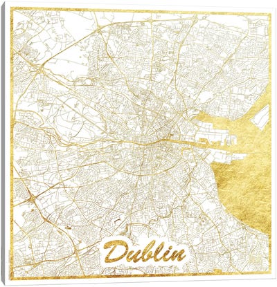Dublin Gold Leaf Urban Blueprint Map Canvas Art Print - Gold & White Art