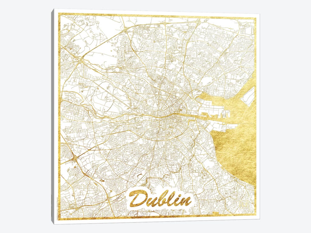 Dublin Gold Leaf Urban Blueprint Map by Hubert Roguski 1-piece Canvas Wall Art