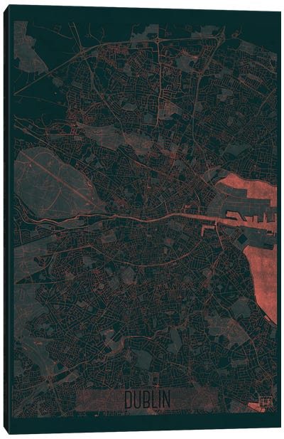 Dublin Infrared Urban Blueprint Map Canvas Art Print - Ireland Art