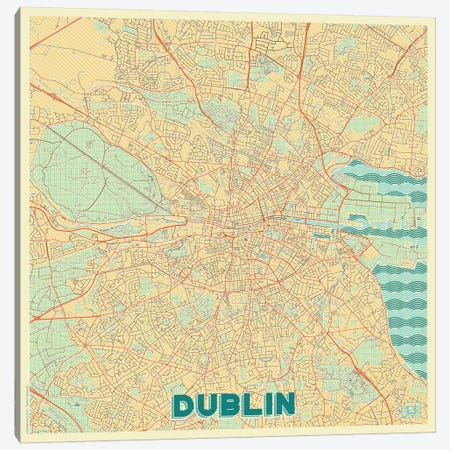Dublin Retro Urban Blueprint Map Canvas Print #HUR124} by Hubert Roguski Canvas Artwork