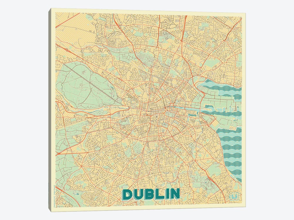 Dublin Retro Urban Blueprint Map by Hubert Roguski 1-piece Canvas Art Print