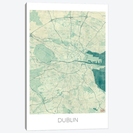 Dublin Vintage Blue Watercolor Urban Blueprint Map Canvas Print #HUR125} by Hubert Roguski Canvas Art