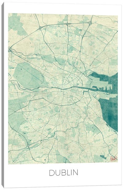 Dublin Vintage Blue Watercolor Urban Blueprint Map Canvas Art Print - Hubert Roguski