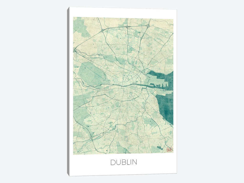 Dublin Vintage Blue Watercolor Urban Blueprint Map by Hubert Roguski 1-piece Canvas Artwork