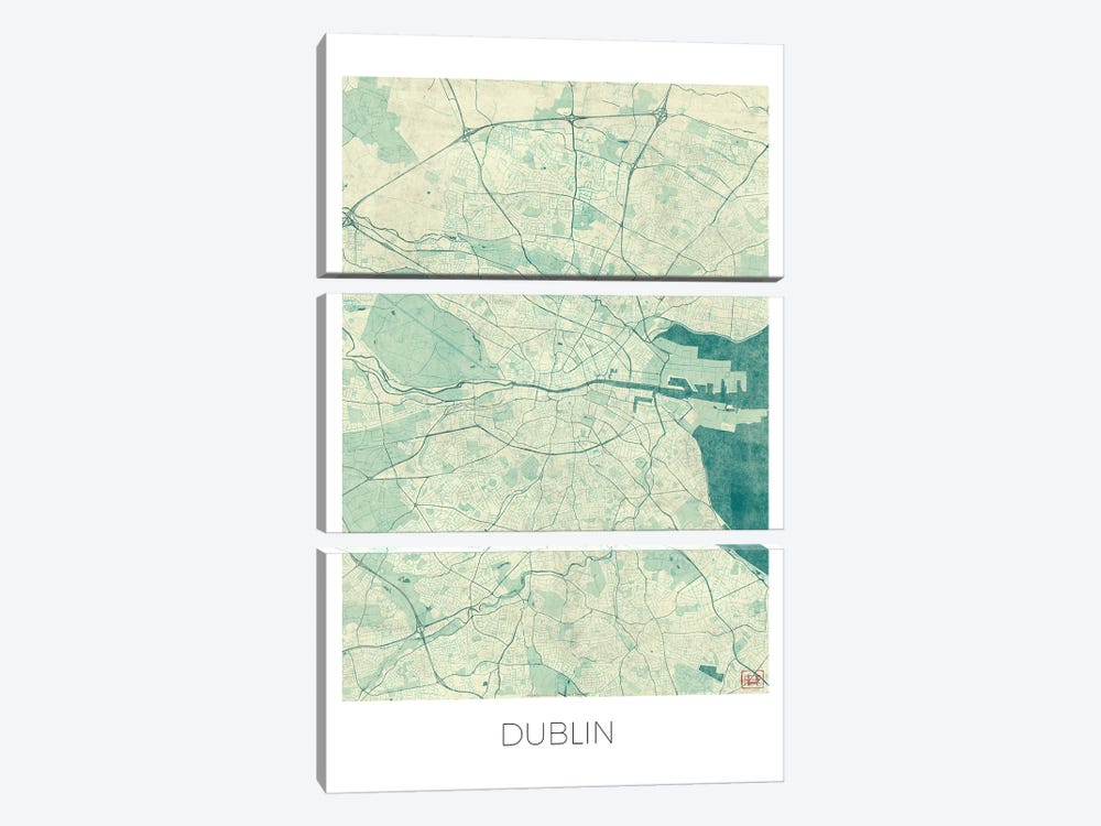 Dublin Vintage Blue Watercolor Urban Blueprint Map by Hubert Roguski 3-piece Canvas Artwork