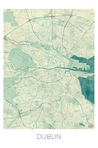 Hubert Roguski: Dublin Vintage Blue Watercolor Urban Blueprint Map by Hubert Roguski