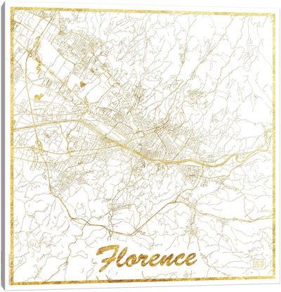 Florence Gold Leaf Urban Blueprint Map Canvas Art Print - Black, White & Gold Art