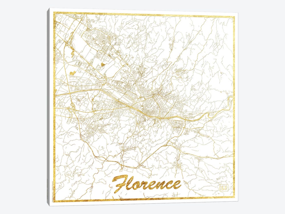 Florence Gold Leaf Urban Blueprint Map by Hubert Roguski 1-piece Canvas Art Print