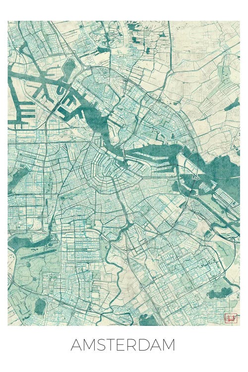 Amsterdam Vintage Blue Watercolor Urban Blueprint Map