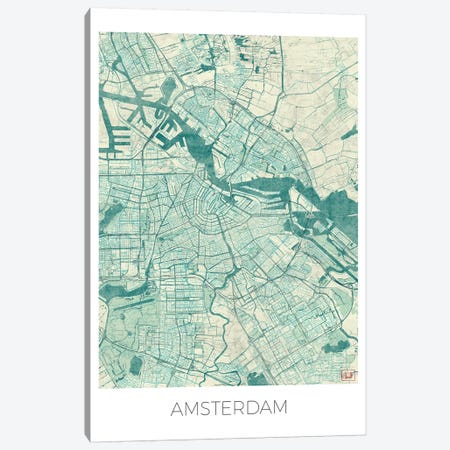 Amsterdam Vintage Blue Watercolor Urban Blueprint Map Canvas Print #HUR12} by Hubert Roguski Canvas Art