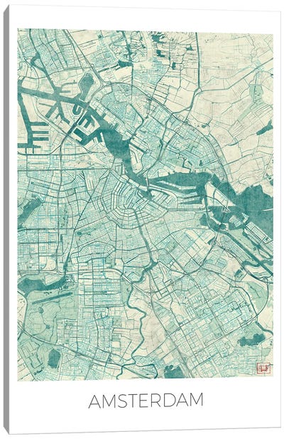 Amsterdam Vintage Blue Watercolor Urban Blueprint Map Canvas Art Print - Amsterdam Maps