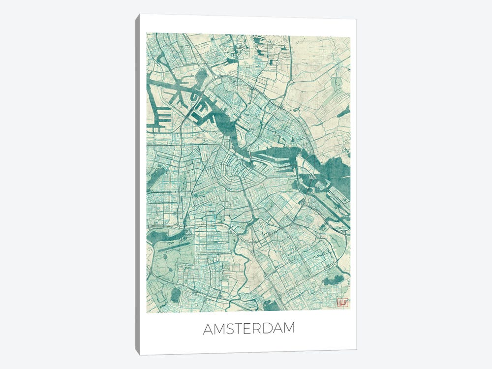 Amsterdam Vintage Blue Watercolor Urban Blueprint Map by Hubert Roguski 1-piece Art Print