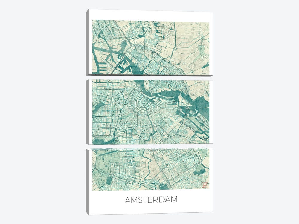 Amsterdam Vintage Blue Watercolor Urban Blueprint Map by Hubert Roguski 3-piece Canvas Print