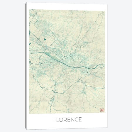 Florence Vintage Blue Watercolor Urban Blueprint Map Canvas Print #HUR130} by Hubert Roguski Canvas Wall Art