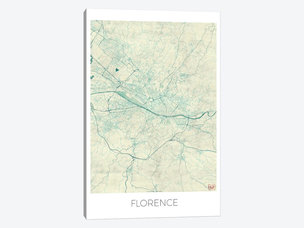 Florence Vintage Blue Watercolor Urban Blueprint Map by Hubert Roguski 1-piece Canvas Artwork