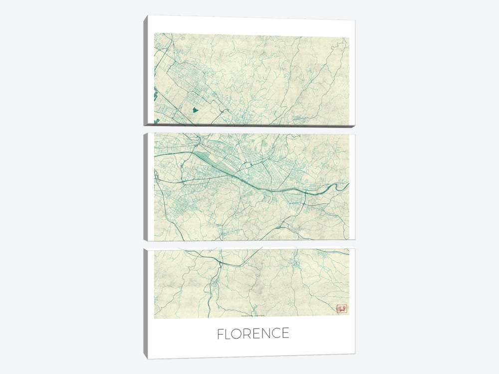 Florence Vintage Blue Watercolor Urban Blueprint Map 3-piece Canvas Wall Art