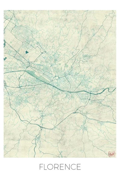 Hubert Roguski: Florence Vintage Blue Watercolor Urban Blueprint Map by Hubert Roguski