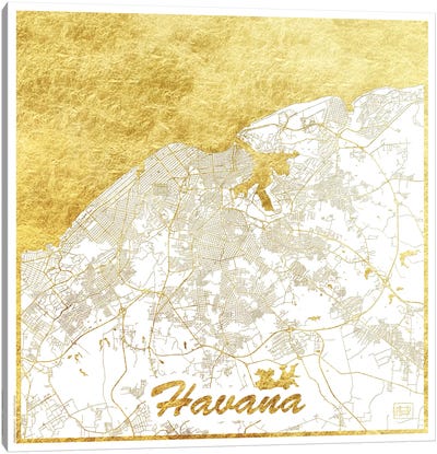 Havana Gold Leaf Urban Blueprint Map Canvas Art Print - Black, White & Gold Art