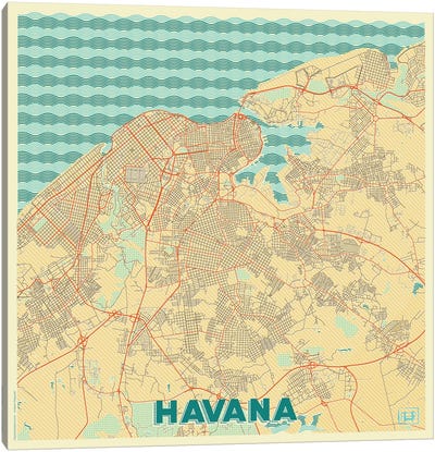 Havana Retro Urban Blueprint Map Canvas Art Print - Cuba Art