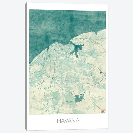 Havana Vintage Blue Watercolor Urban Blueprint Map Canvas Print #HUR137} by Hubert Roguski Art Print