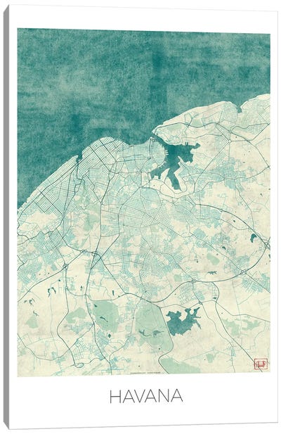 Havana Vintage Blue Watercolor Urban Blueprint Map Canvas Art Print - Cuba Art