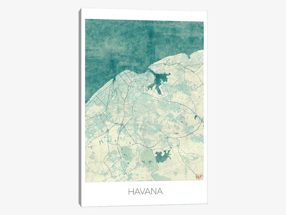 Havana Vintage Blue Watercolor Urban Blueprint Map by Hubert Roguski 1-piece Art Print