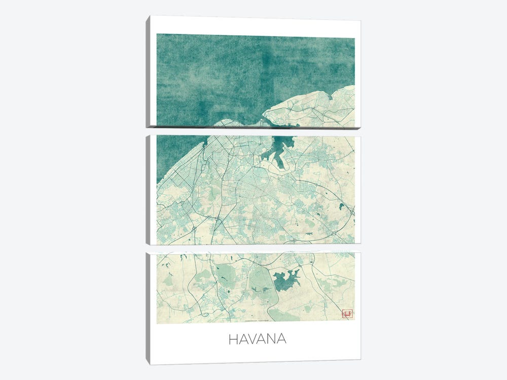 Havana Vintage Blue Watercolor Urban Blueprint Map by Hubert Roguski 3-piece Canvas Art Print
