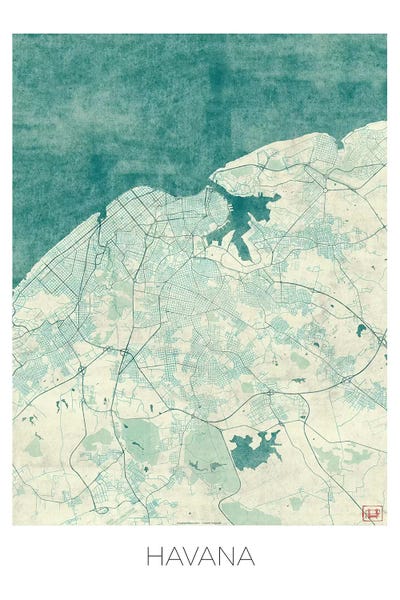 Hubert Roguski: Havana Vintage Blue Watercolor Urban Blueprint Map by Hubert Roguski