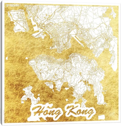 Hong Kong Gold Leaf Urban Blueprint Map Canvas Art Print - Black, White & Gold Art