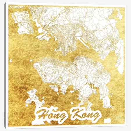 Hong Kong Gold Leaf Urban Blueprint Map Canvas Print #HUR139} by Hubert Roguski Canvas Wall Art