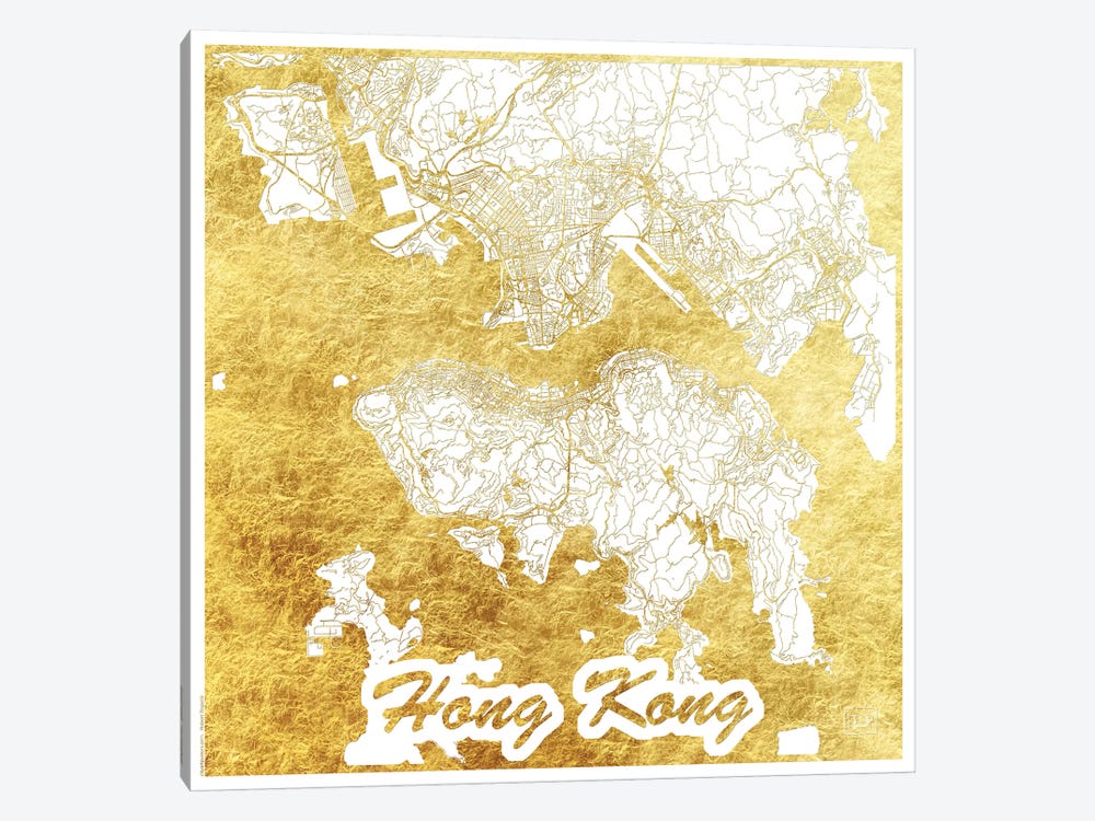 Hong Kong Gold Leaf Urban Blueprint Map by Hubert Roguski 1-piece Canvas Print